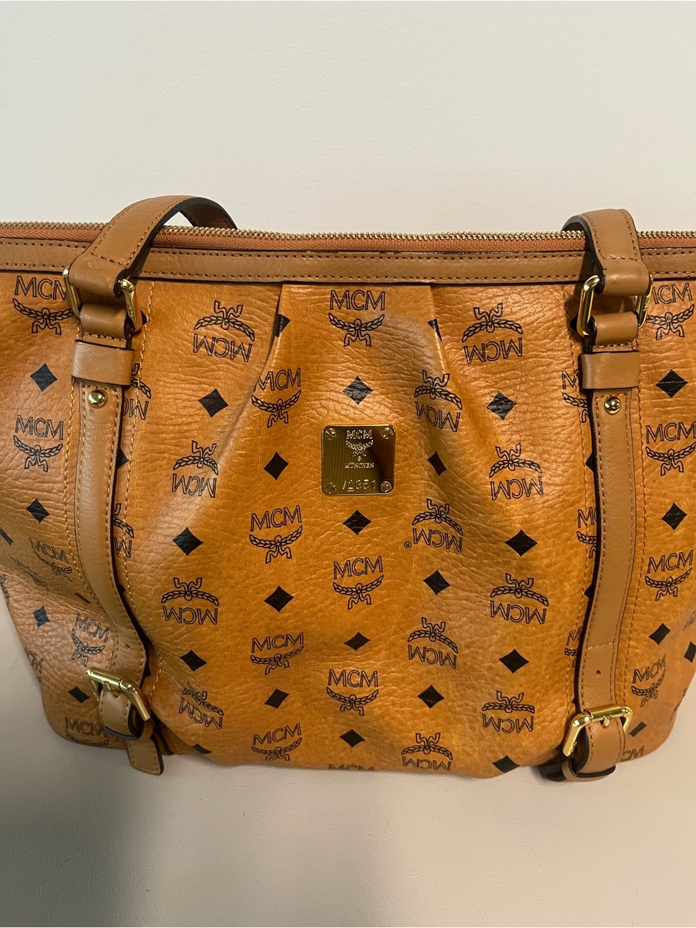 MCM Cognac Monogram Visetos Tote/crossbody/shoulder bag with Gold Hardware